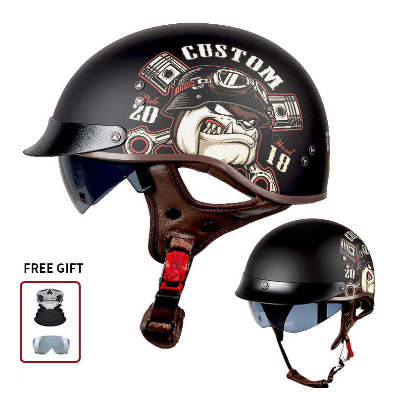 Vintage Open Face Retro Helmet - 커스텀 불독 엔진 피스톤 프린트가 있는